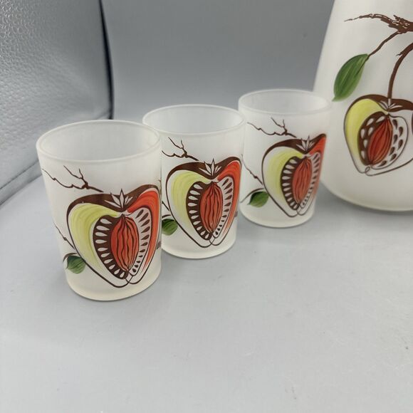 Vintage Gay Fad Hazel Atlas Frosted Pitcher Glass Set Stone Fruit Hand-Painted - Picture 2 of 11